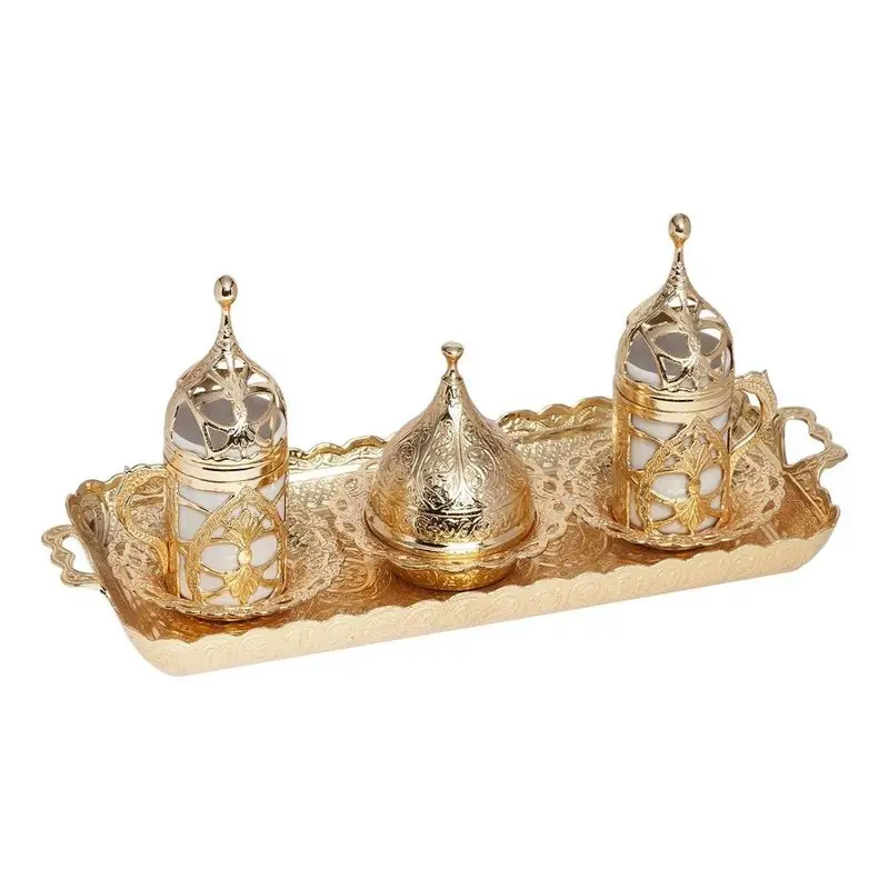 Acar | Turkish Coffee Set of Two  With Metal Tray And Candy Bowl - Hurrem Design - Gold