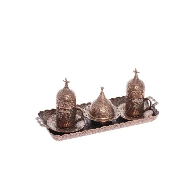 Acar | Turkish Coffee Set of Two With Metal Tray And Candy Bowl - Whirling Dervish Design - Antique Copper