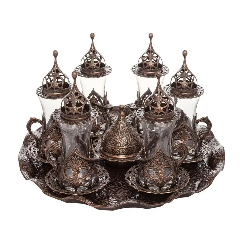 Acar | Turkish Tea Set of Six  With Metal Tray And Candy Bowl - Hurrem Design - Antique Copper