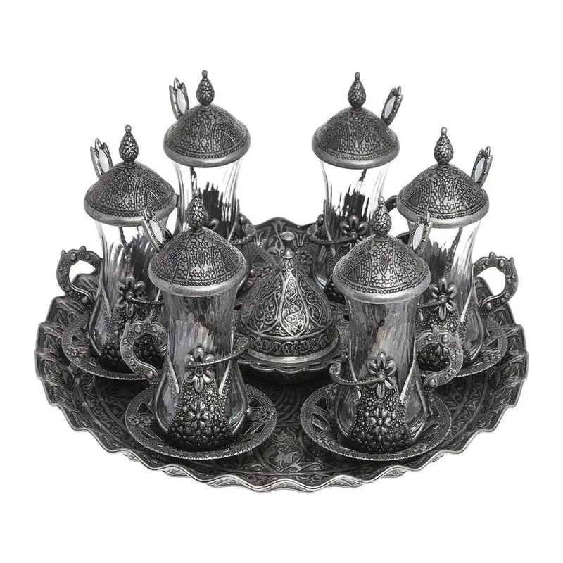 Acar | Turkish Tea Set of Six  With Metal Tray, Spoons And Candy Bowl - Tinned