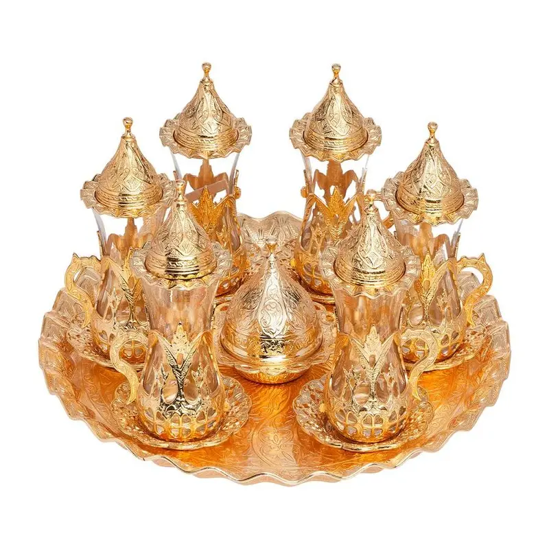Acar | Turkish Tea Set of Six  With Metal Tray Tray And Candy Bowl  - Clover Design - Gold