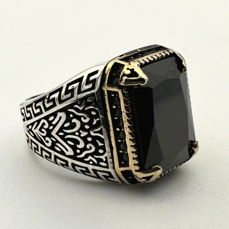 Men's Handmade Onyx-Aqua-Emerald Stone Silver Ring