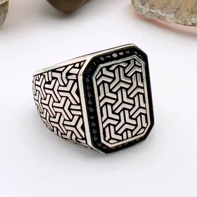 Men's Square Model with Micro Black Onyx Silver Ring