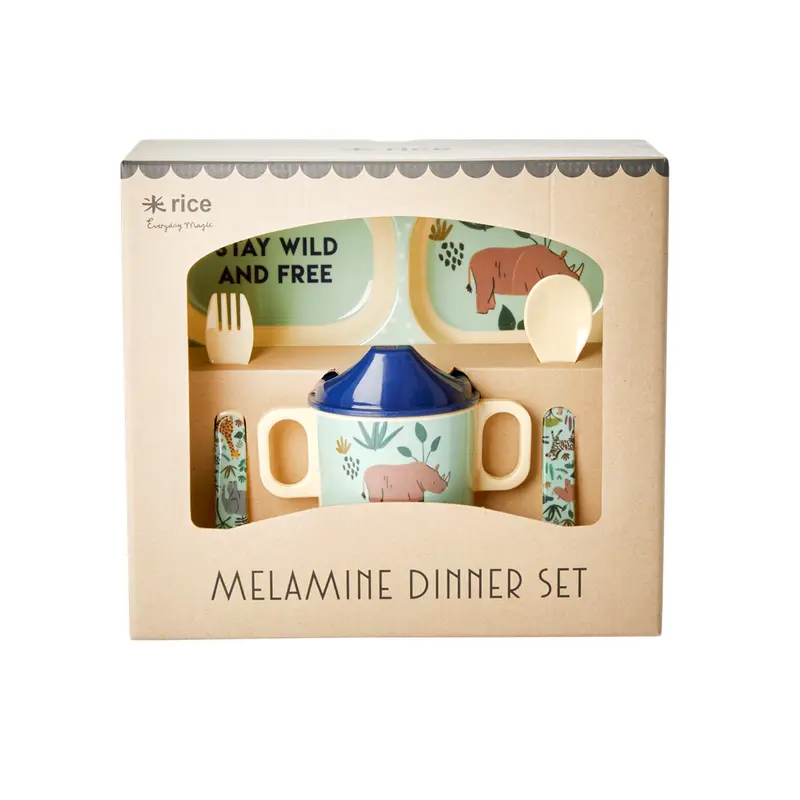 Melamine Baby Dinner Set in Gift Box - Blue Jungle Animals Print - 4 pcs.