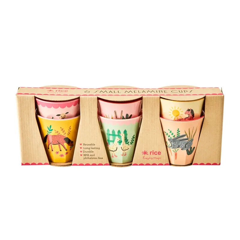 Melamine Kids Cups in Pink Farm Prints - Small - 6 pcs. in Gift Box