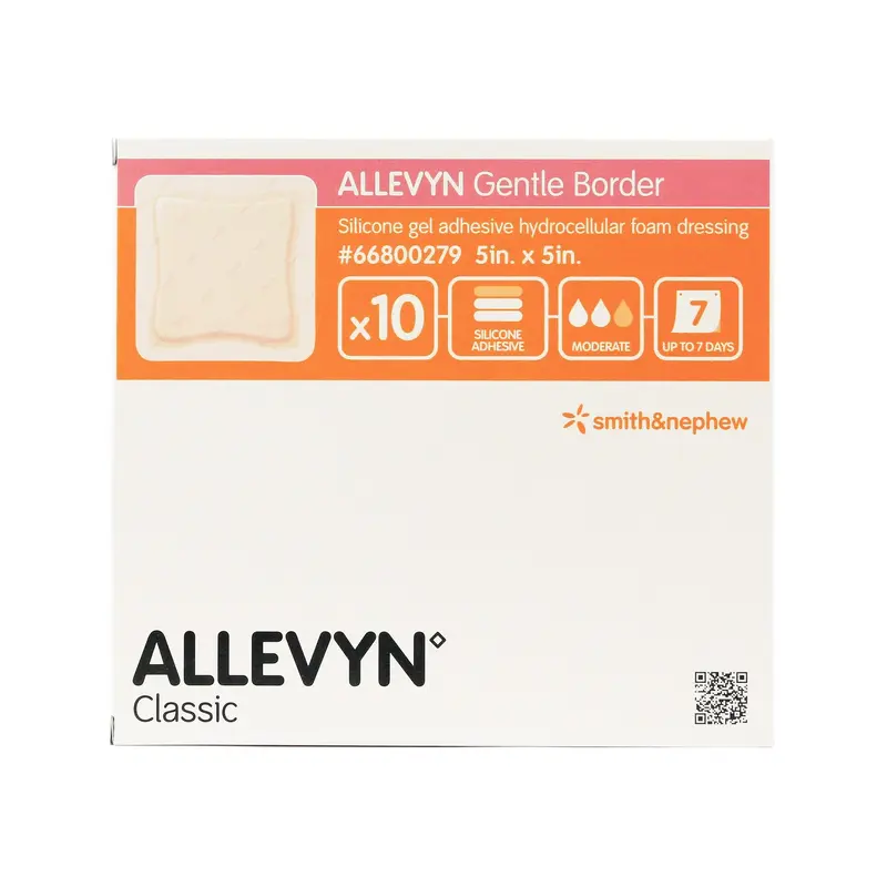 Allevyn Gentle Border Silicone Gel Adhesive with Border Silicone Foam Dressing, 5 x 5 Inch