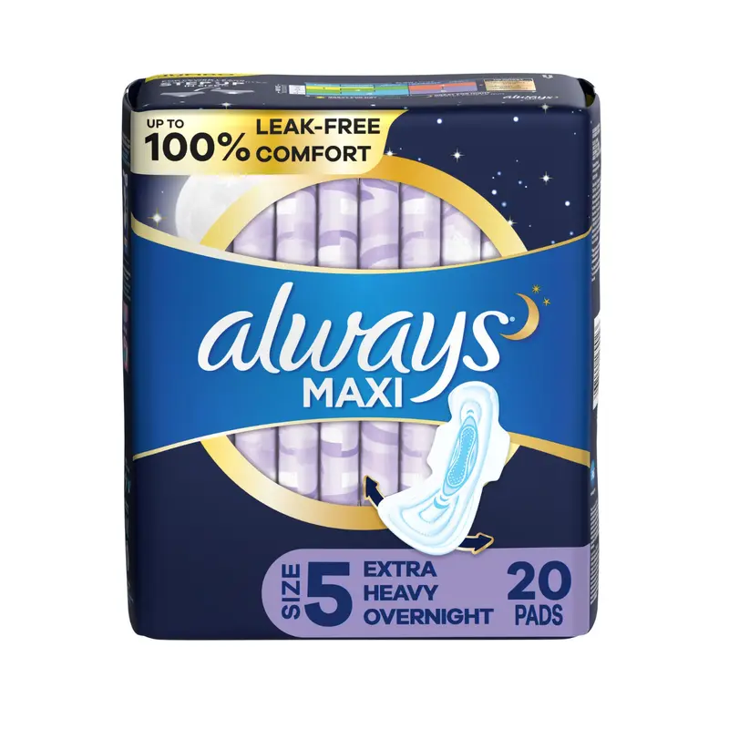 Always Maxi Overnight Pads Size 5 Heavy Absorbency with LeakGuard Core, 20 Pack