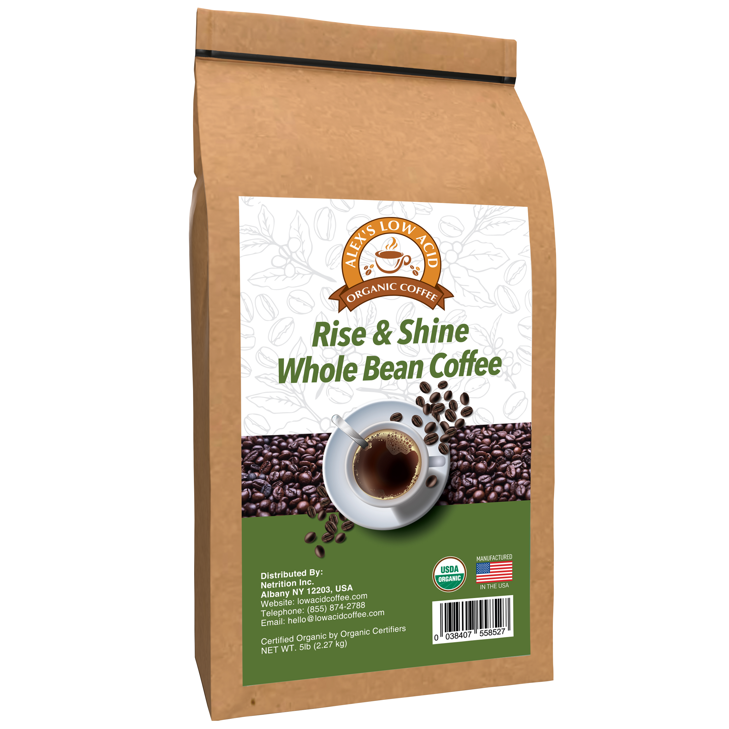Alex's Low Acid Organic Coffee - Rise and Shine Whole Bean (5lbs)