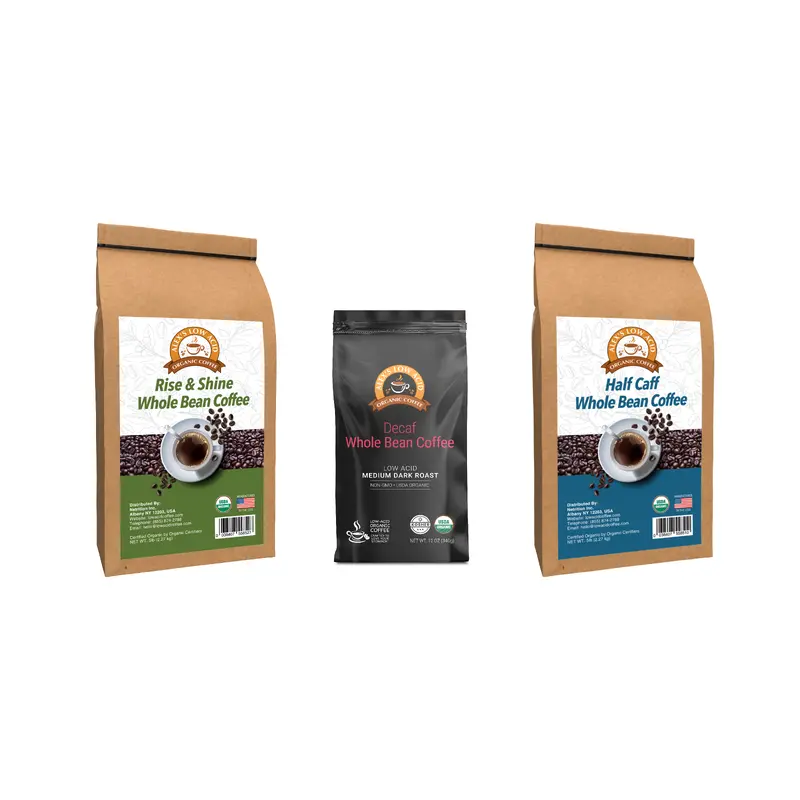 Alex's Low Acid Organic Coffee All Day Drinker Whole Bean Variety Pack
