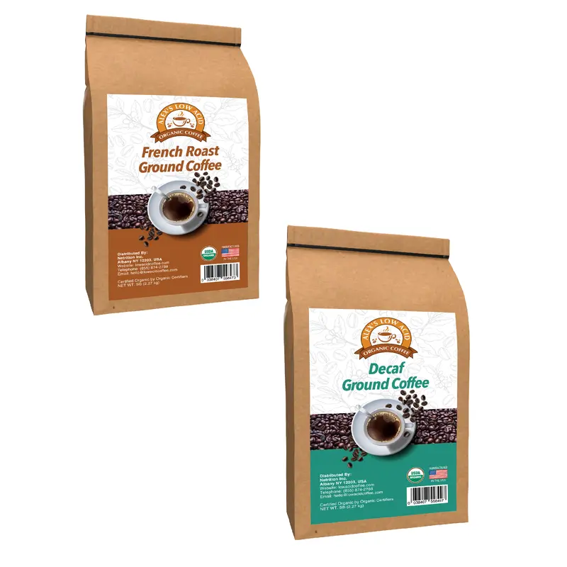 Alex's Low Acid Organic Coffee Perfectly Prepared Host 5lb Fresh Ground Variety Pack