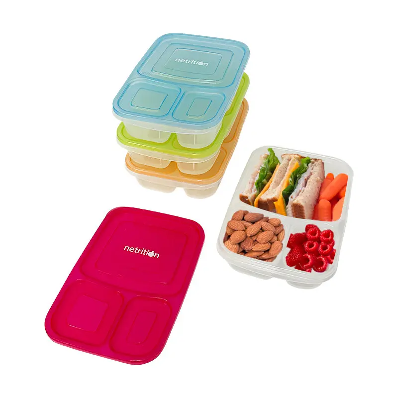 Reusable 3-Compartment Food Containers & Bento Lunch Boxes for School, Work, and Travel by Netrition (Set of 4)